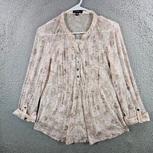 Cocomo Womens Floral Mesh Pleated Blouse Pink Tan Button Front Large
